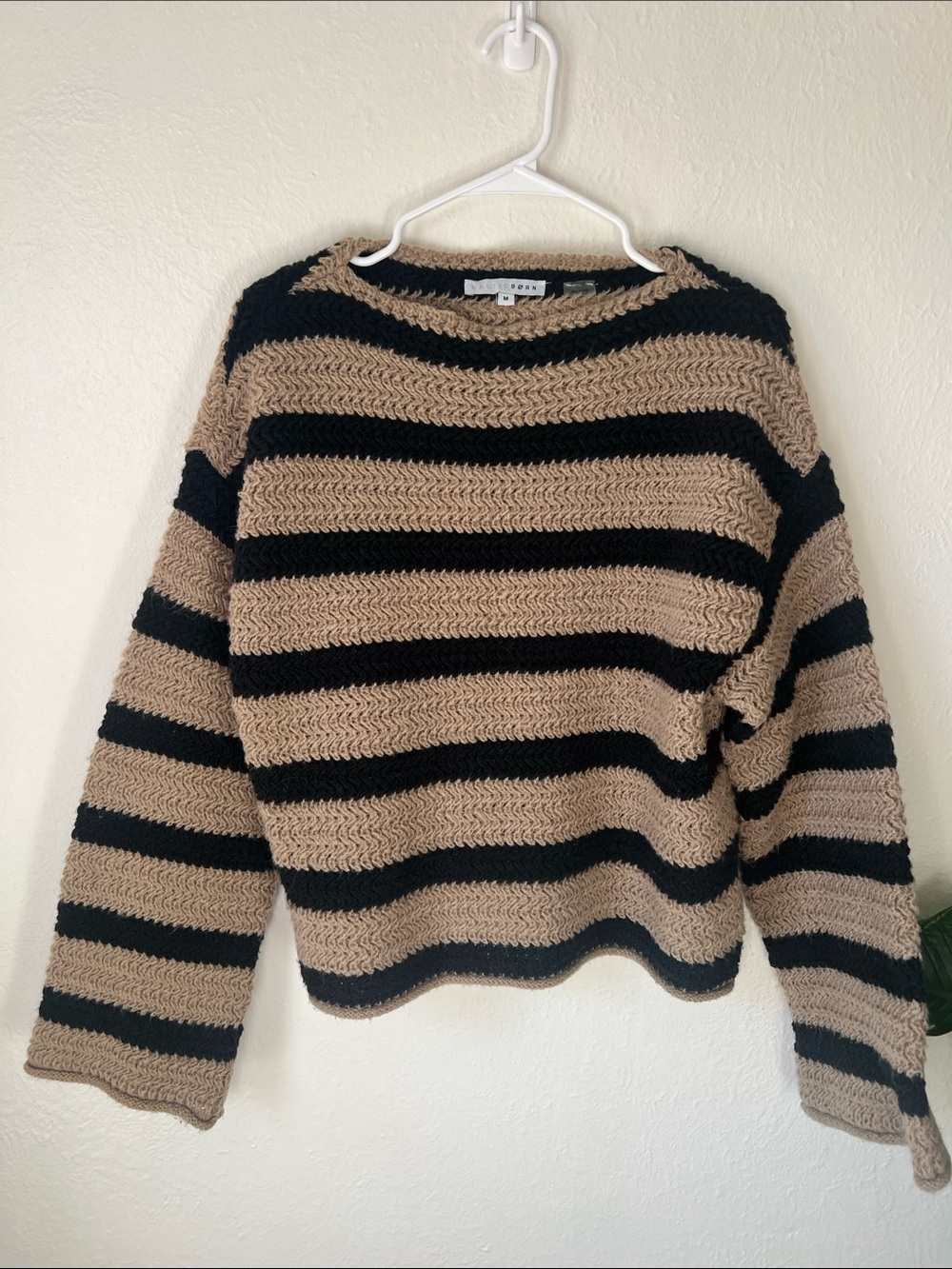 Baltic Born Taupe and Black Striped Crewneck Sweater.
